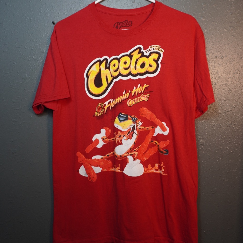 Flamin' Hot Cheetos Bag Men's Red Yellow Orange Graphic T Shirt Size Medium
